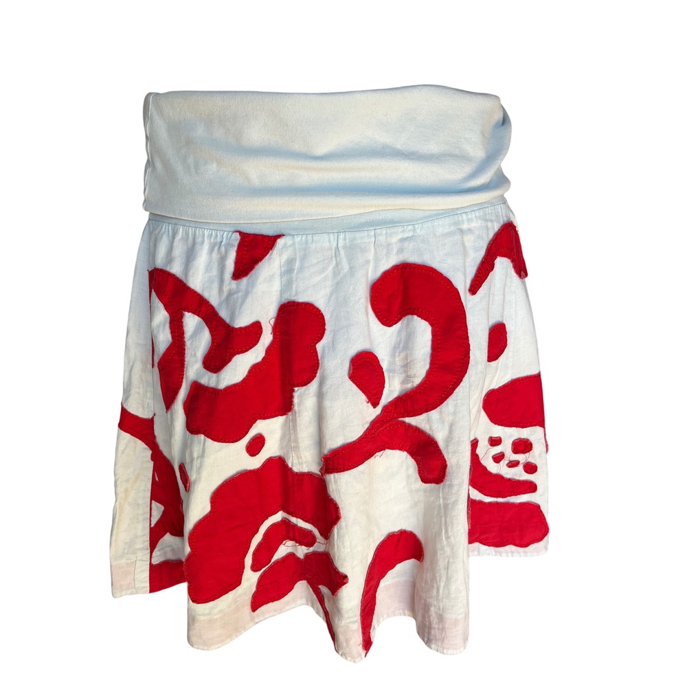 Odille Anthropologie White Red Floral Applique Foldover Waist Mini Skirt Medium